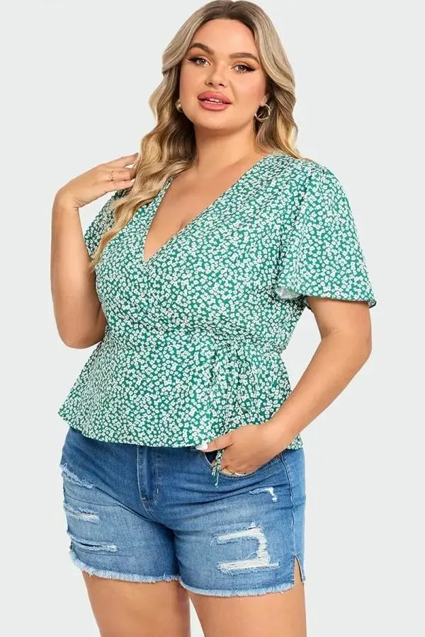 Floral Print Butterfly Sleeve Wrap Knot Side Blouse