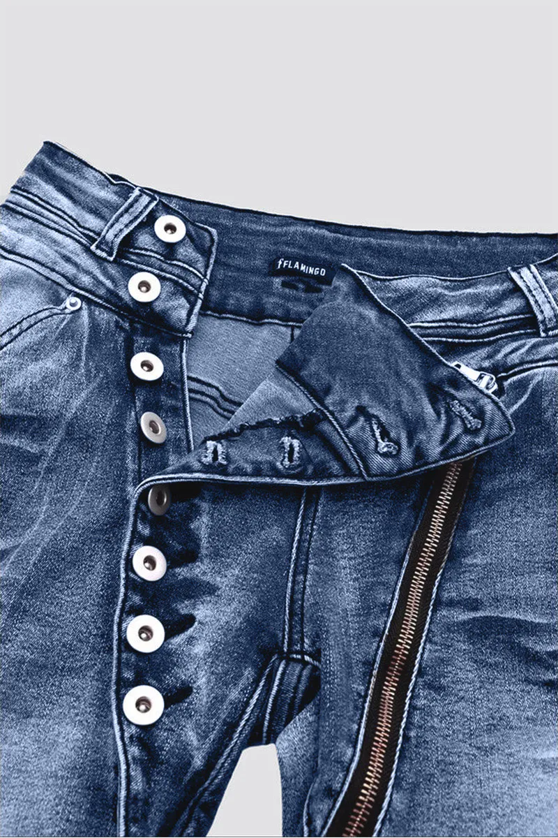 Button Up Roll Hem Low Rise Crop Jeans