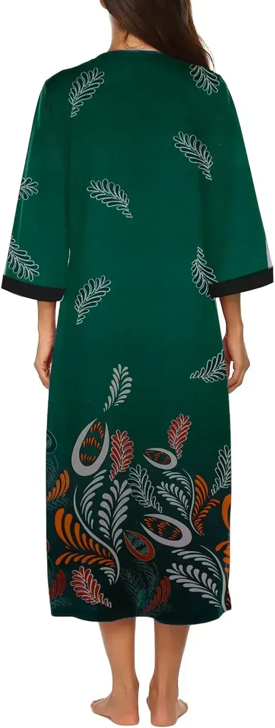 Women Zipper Robe 3/4 Sleeves Loungewear Dress Full Length Sleepwear Pockets Housecoat Nightgown Long Bathrobe