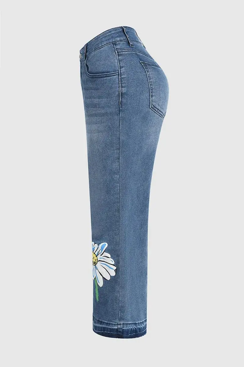 Floral Pattern Crop Mid Rise Wide Leg Jeans Without Belt
