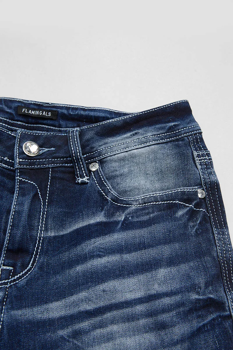 Washed Stretchy Stitch Detail Mid Rise Denim Bermuda Shorts