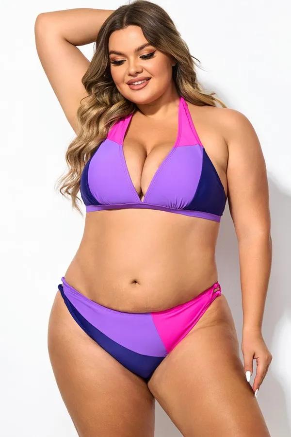 Plus Size Halter Colorblock Sexy Bikini Top