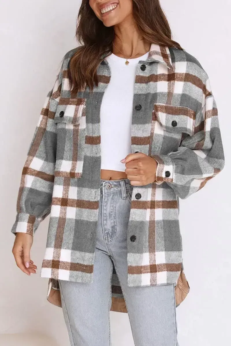 Womens Casual Plaid Shacket Button Down Long Sleeve Shirt