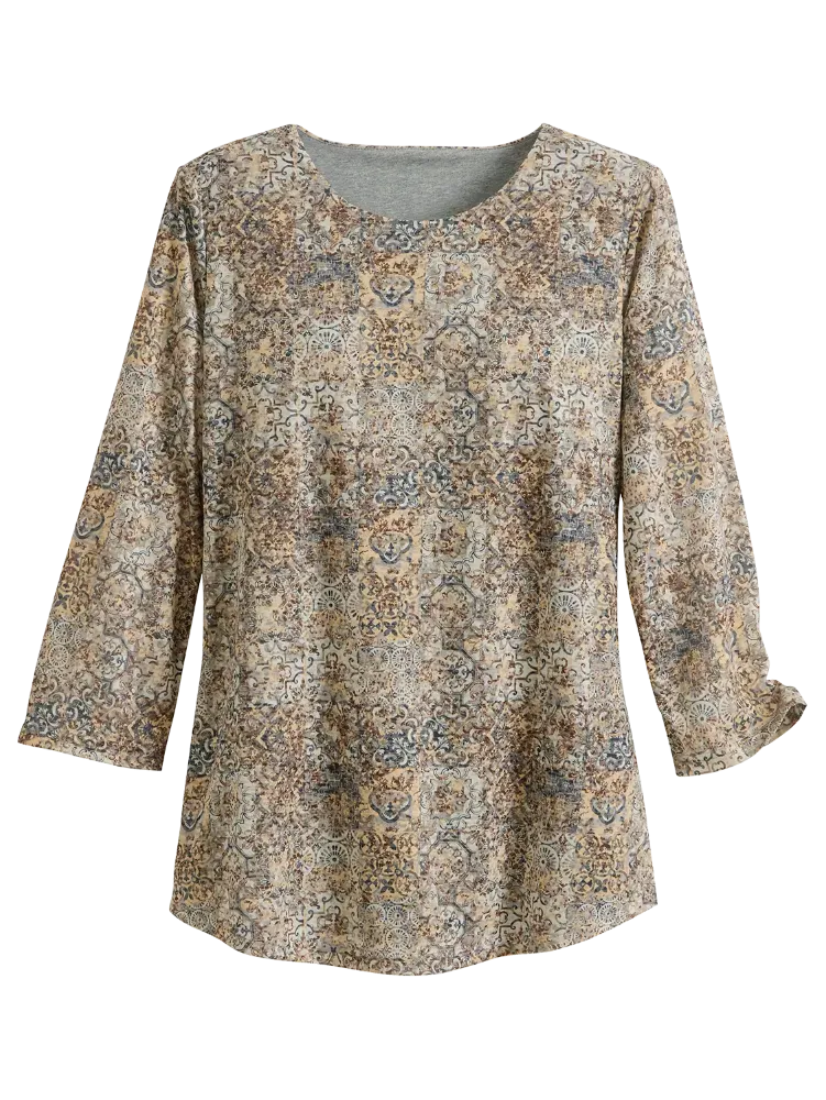 Soft Knit Printed Tunic Top With 3/4 Sleeves