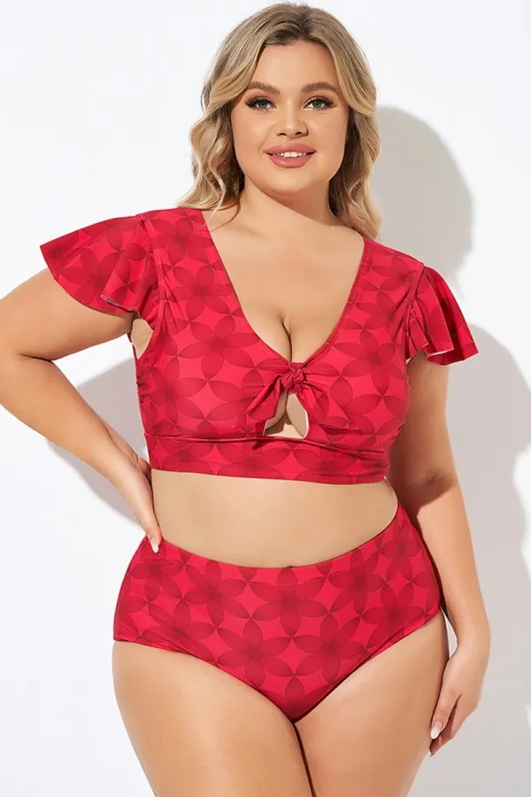 Red Geometric Interwoven Print Bikini Top