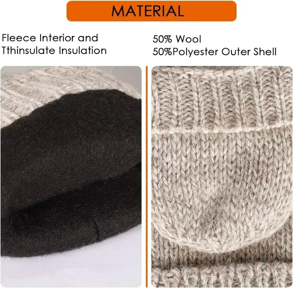 Bodvera Thermal Insulation Fingerless Texting Wool Gloves for Women and Men Winter Warm Knitted Convertible Mittens Flap