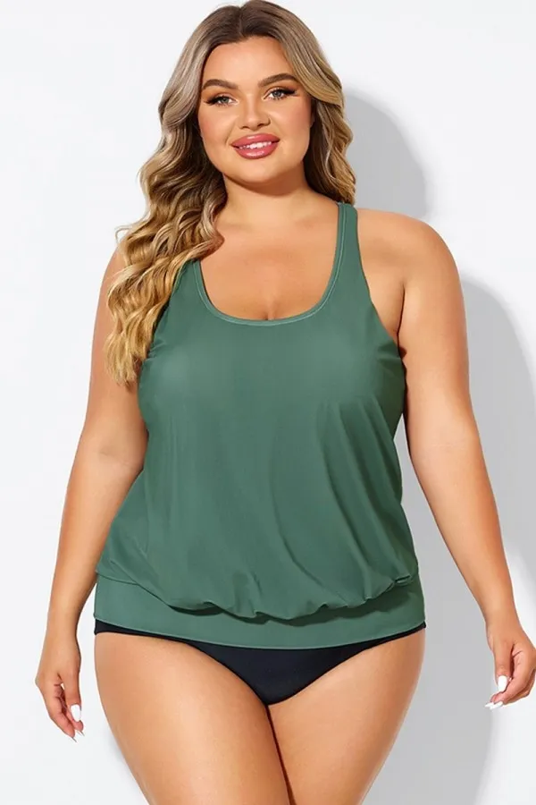 Army Green Racerback Tummy Control Blouson Tankini Top