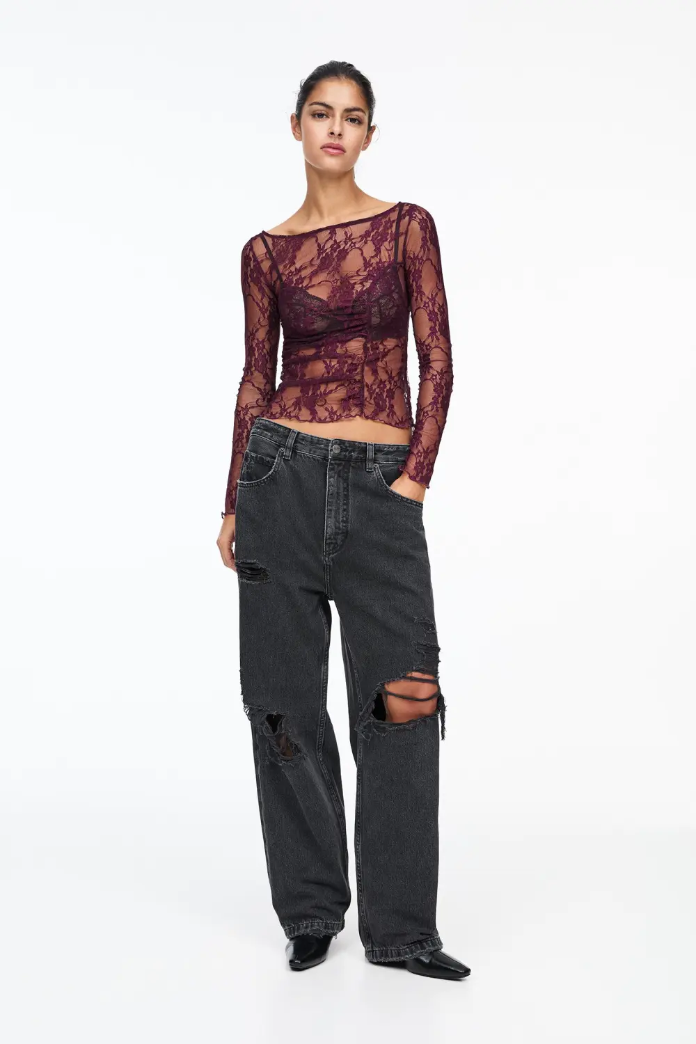 Lace top with gathered detail
