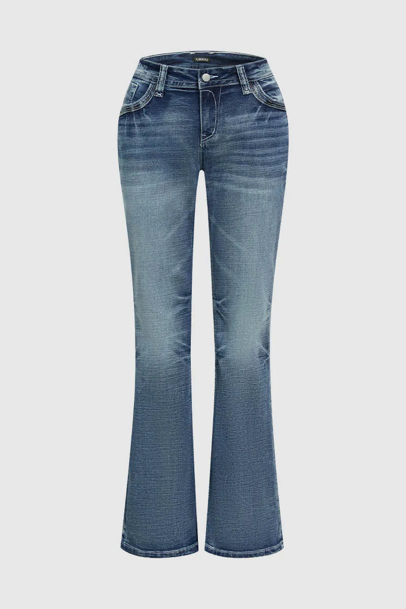 Wash Stretchy Ripped Detail Mid Waist Flare Jeans
