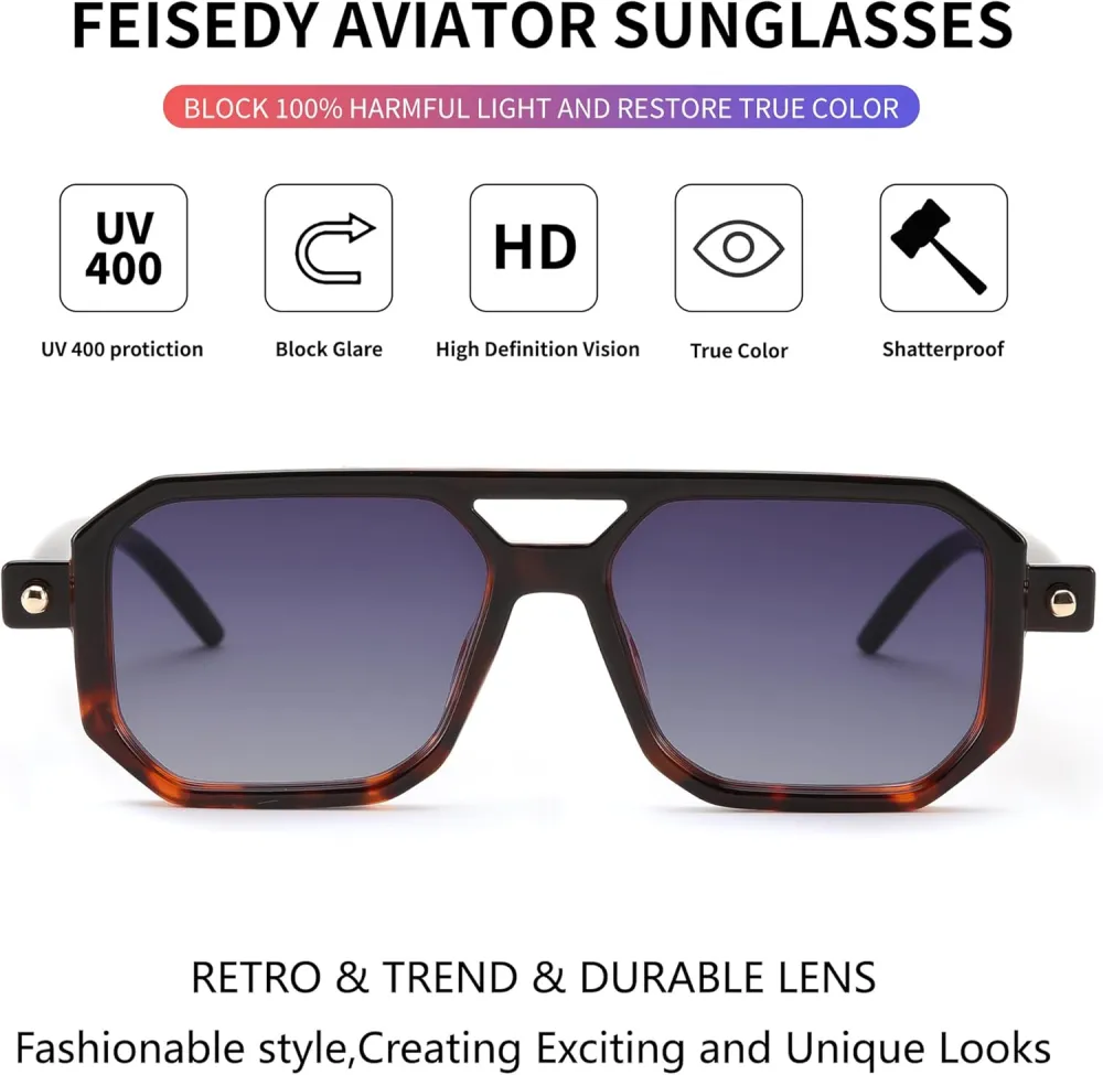 FEISEDY Vintage Square 70s Flat Aviator Sunglasses Women Men Classic Retro Stylish Frame UV400 Sunglasses B2622