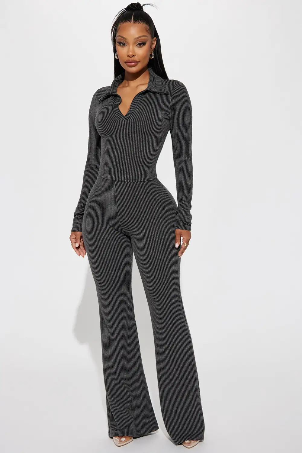 Josie Ribbed Long Sleeve Set - Charcoal