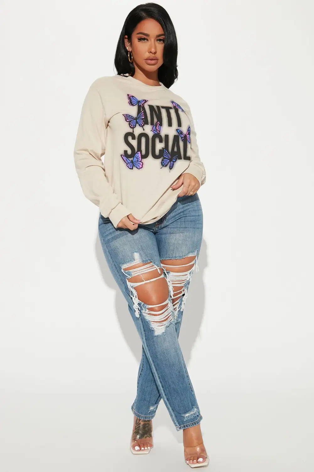 Remaining Anti Social Butterfly Long Sleeve Top - Taupe