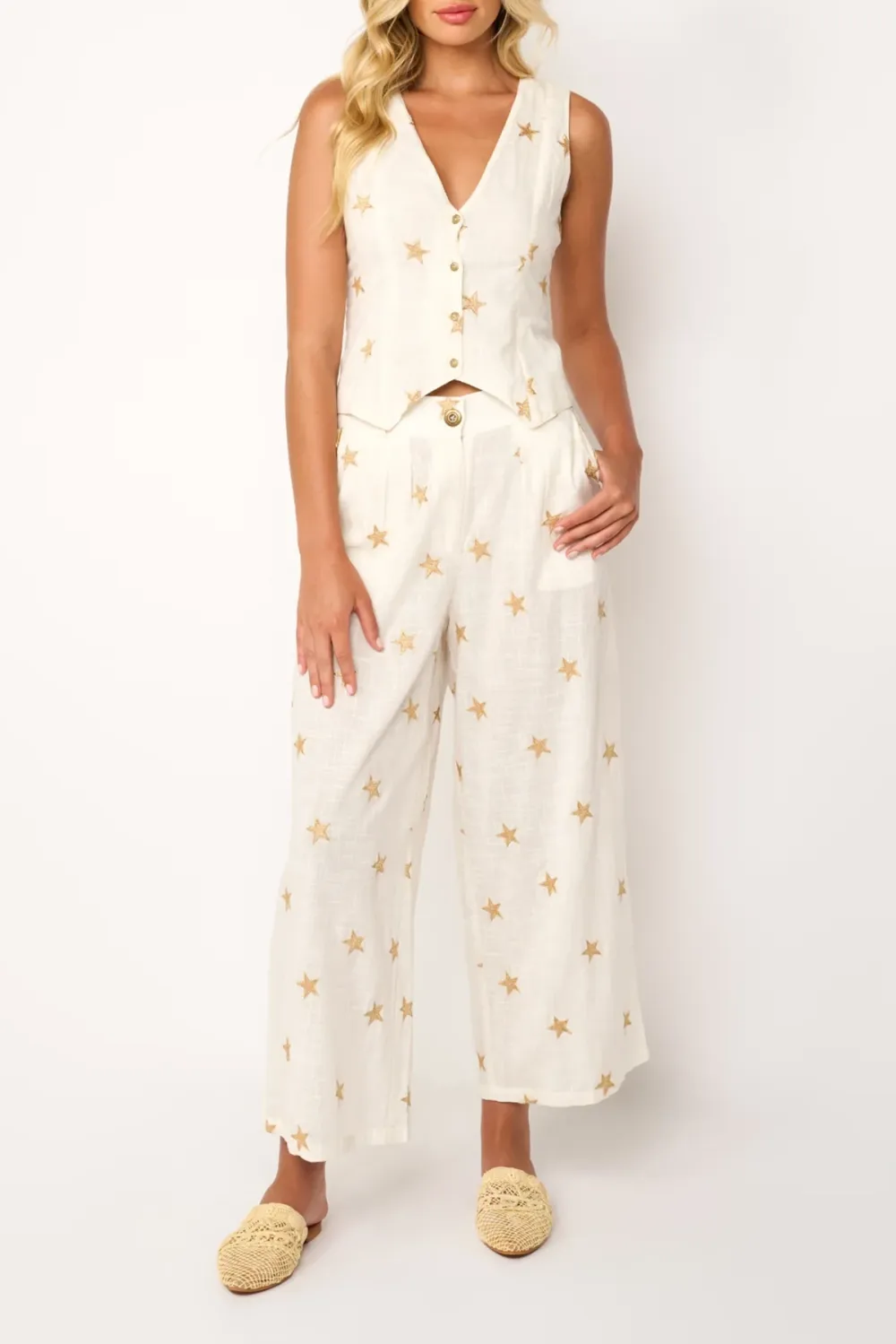 White Star Embroidered Wide Leg Pants