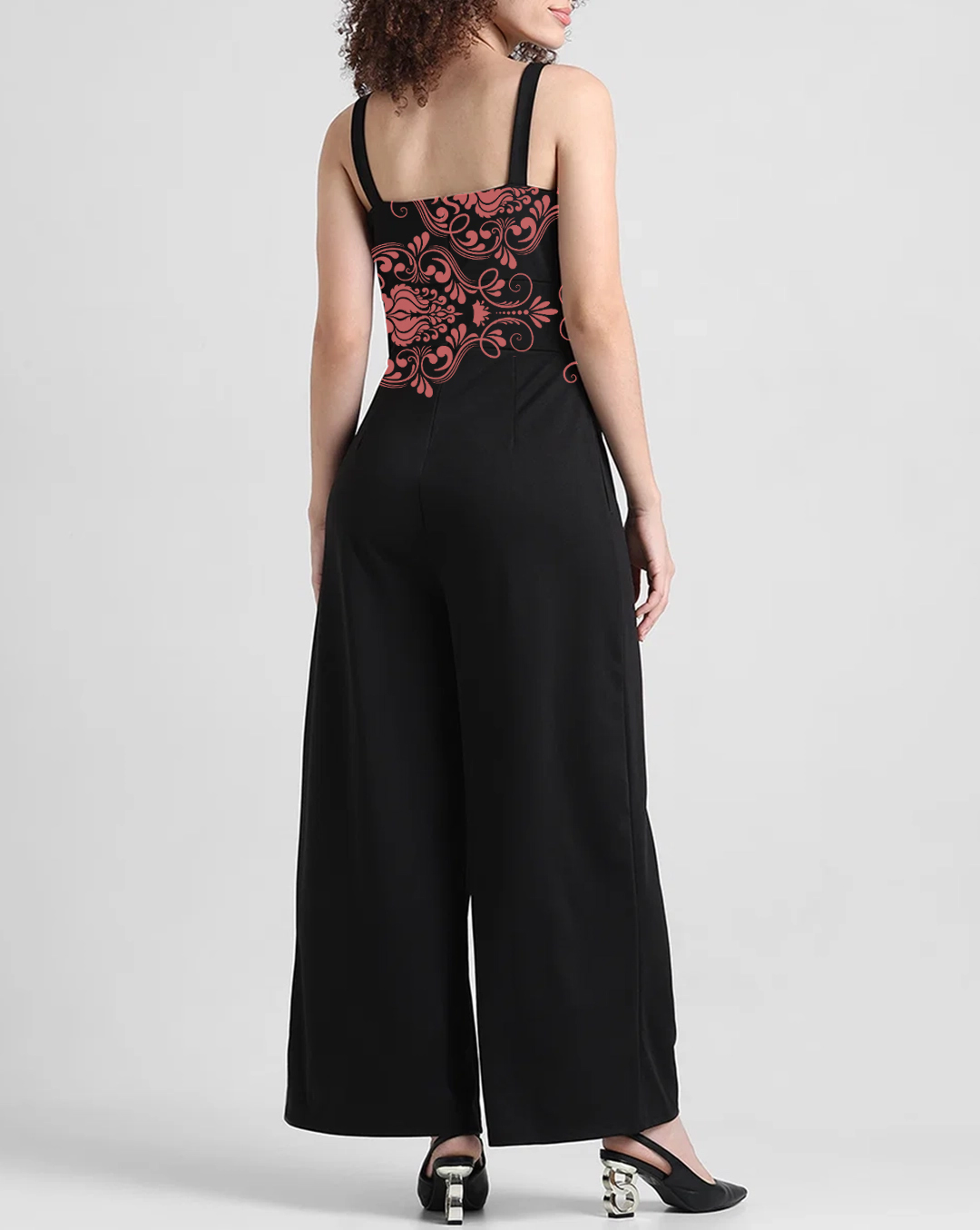 Black Spaghetti Strap Floral Embroidery Jumpsuit