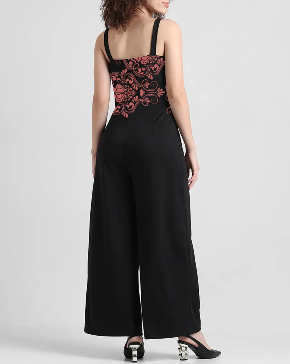 Black Spaghetti Strap Floral Embroidery Jumpsuit