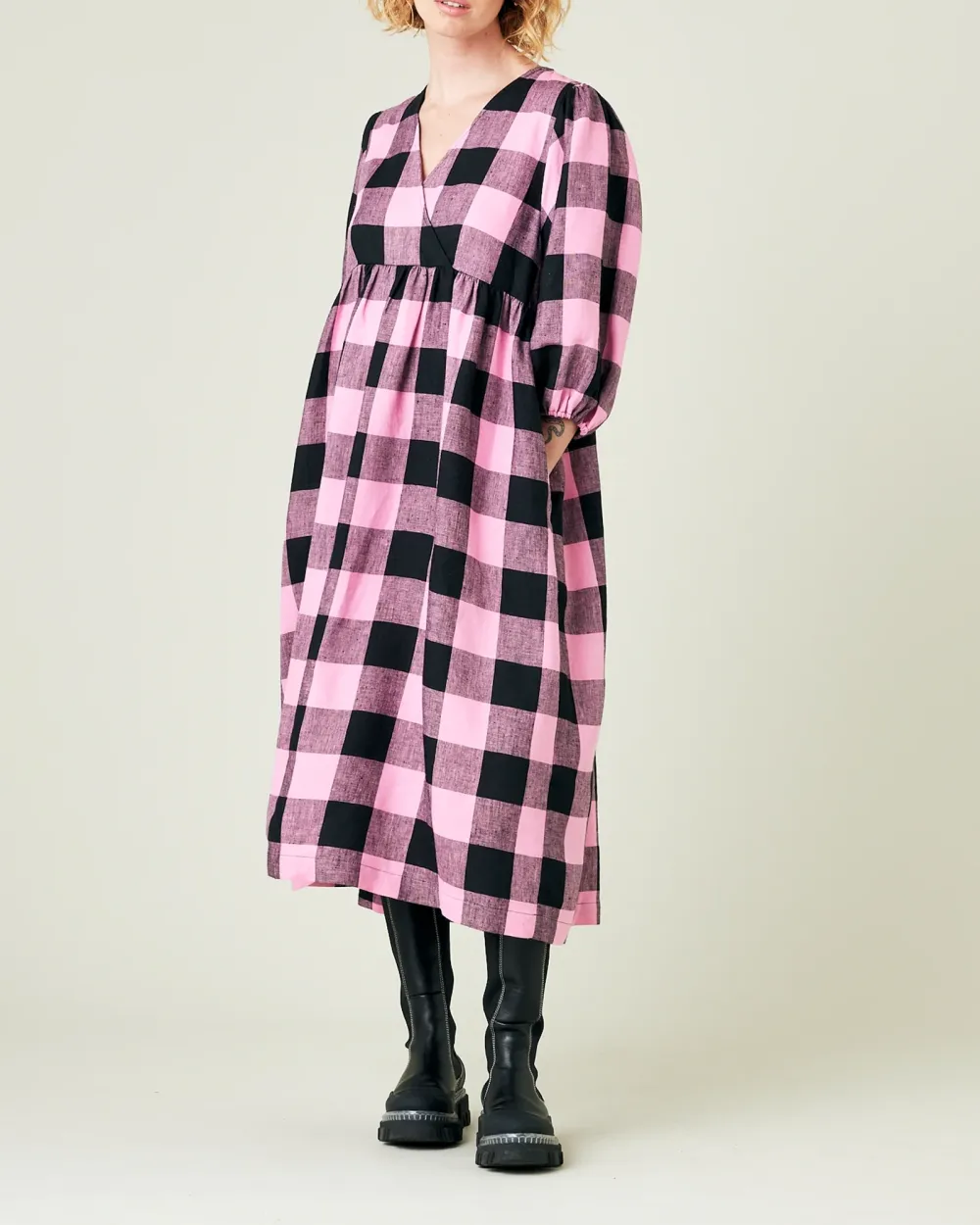 PINK & BLACK MEGA CHECK LINEN DRESS