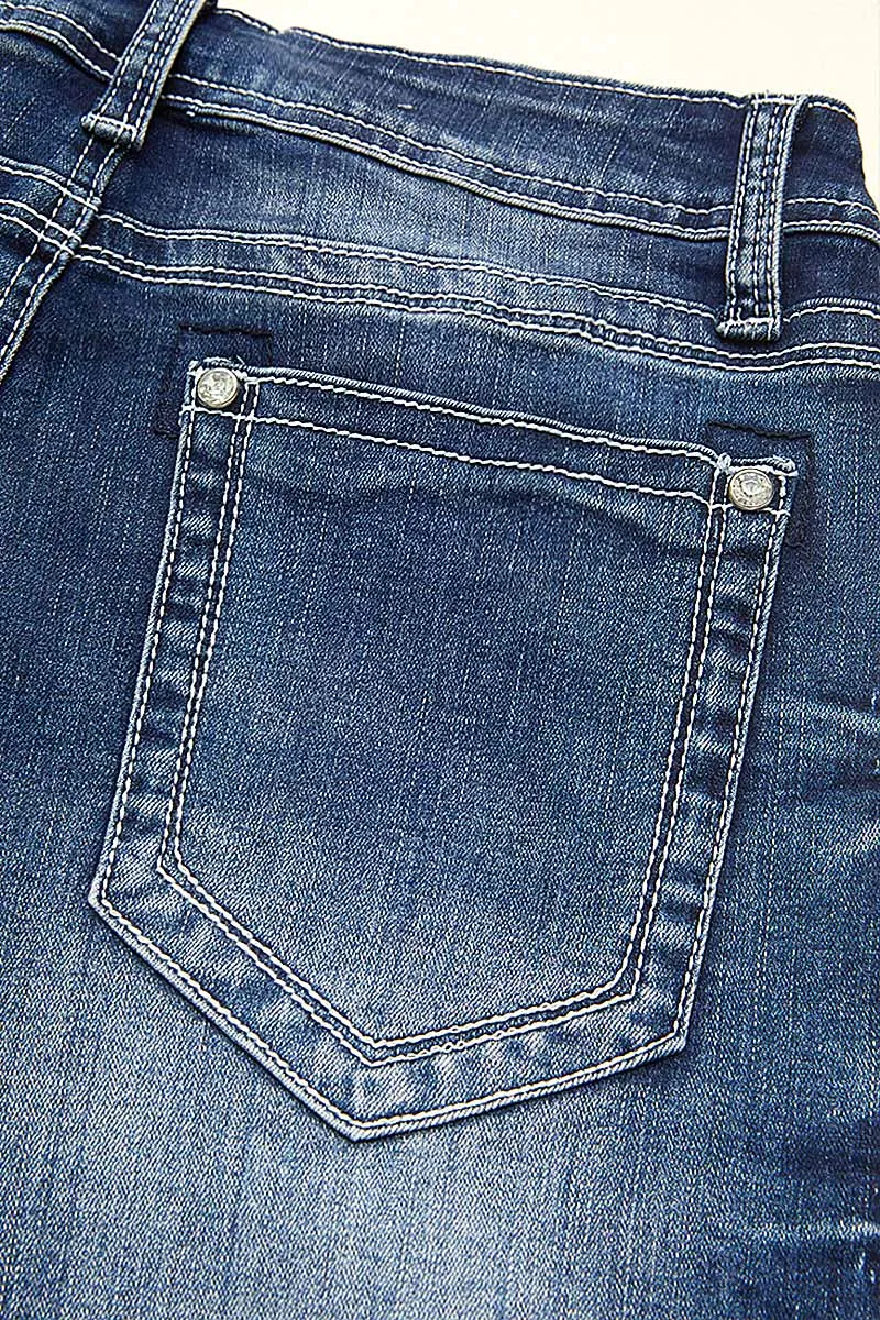 Wash Ripped Roll Hem Mid Rise Denim Shorts
