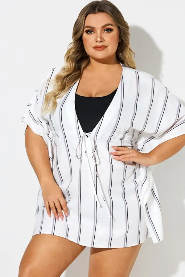 V-Neck Loose Retro Striped Drawstring Cover Up