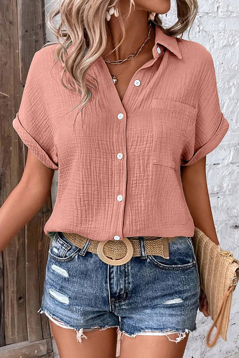 Solid Patch Pocket Roll Sleeve Shirt