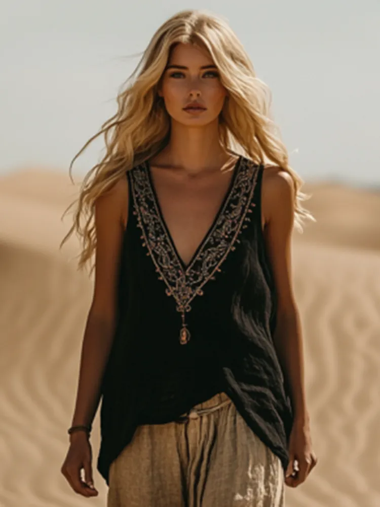 Women's Bohemia Ethnic Linen V-neek Sleeveless Top