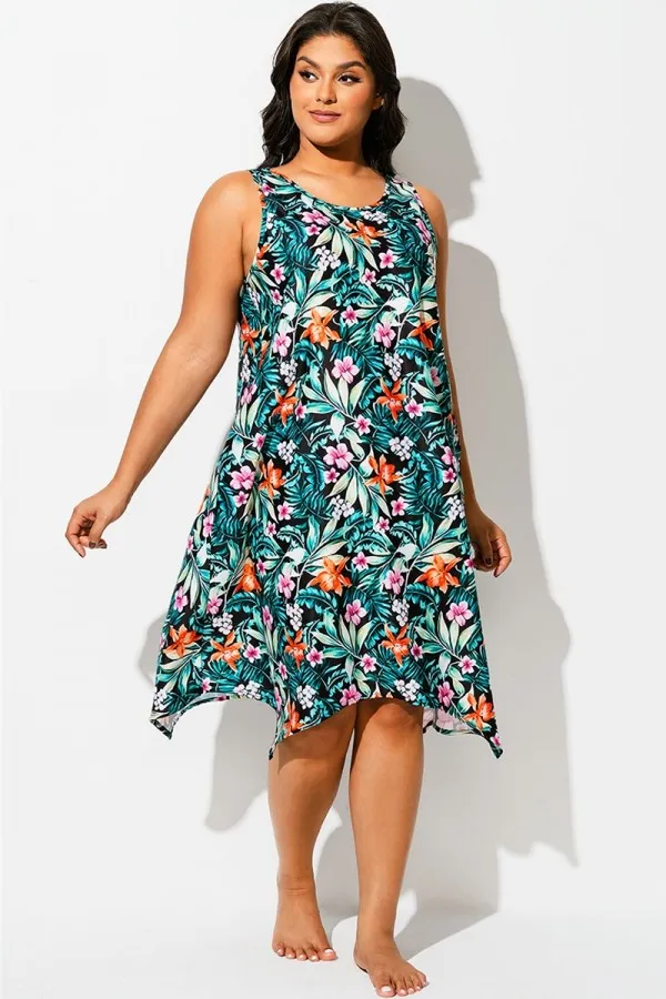 Floral Print Round Neck Sharktail Beach Cover Up