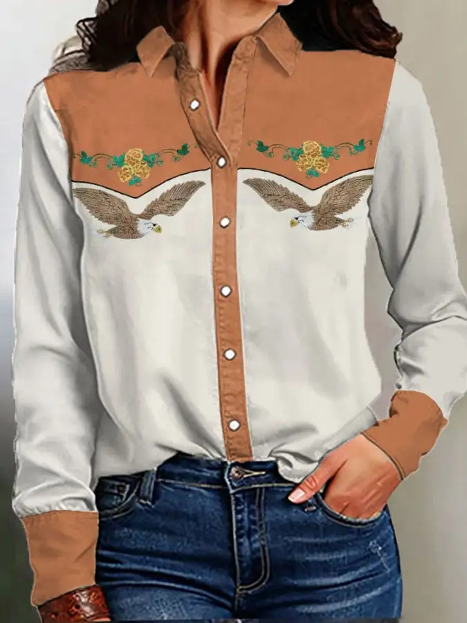 Women's Vintage Western Print Long Sleeve Shirt