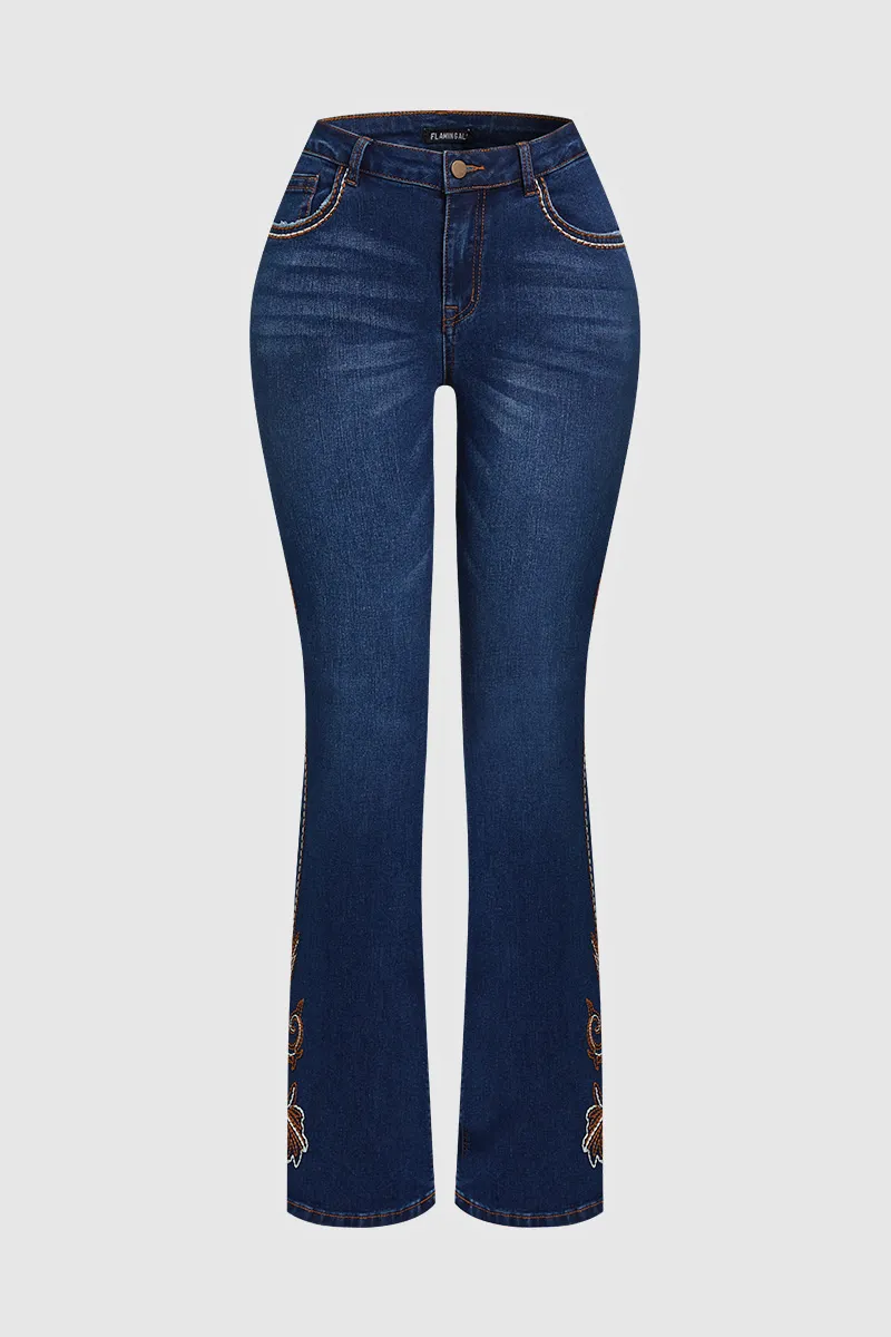 Wash Graphic Embroidery Flap Pocket Mid Rise Bootcut Jeans Without Belt