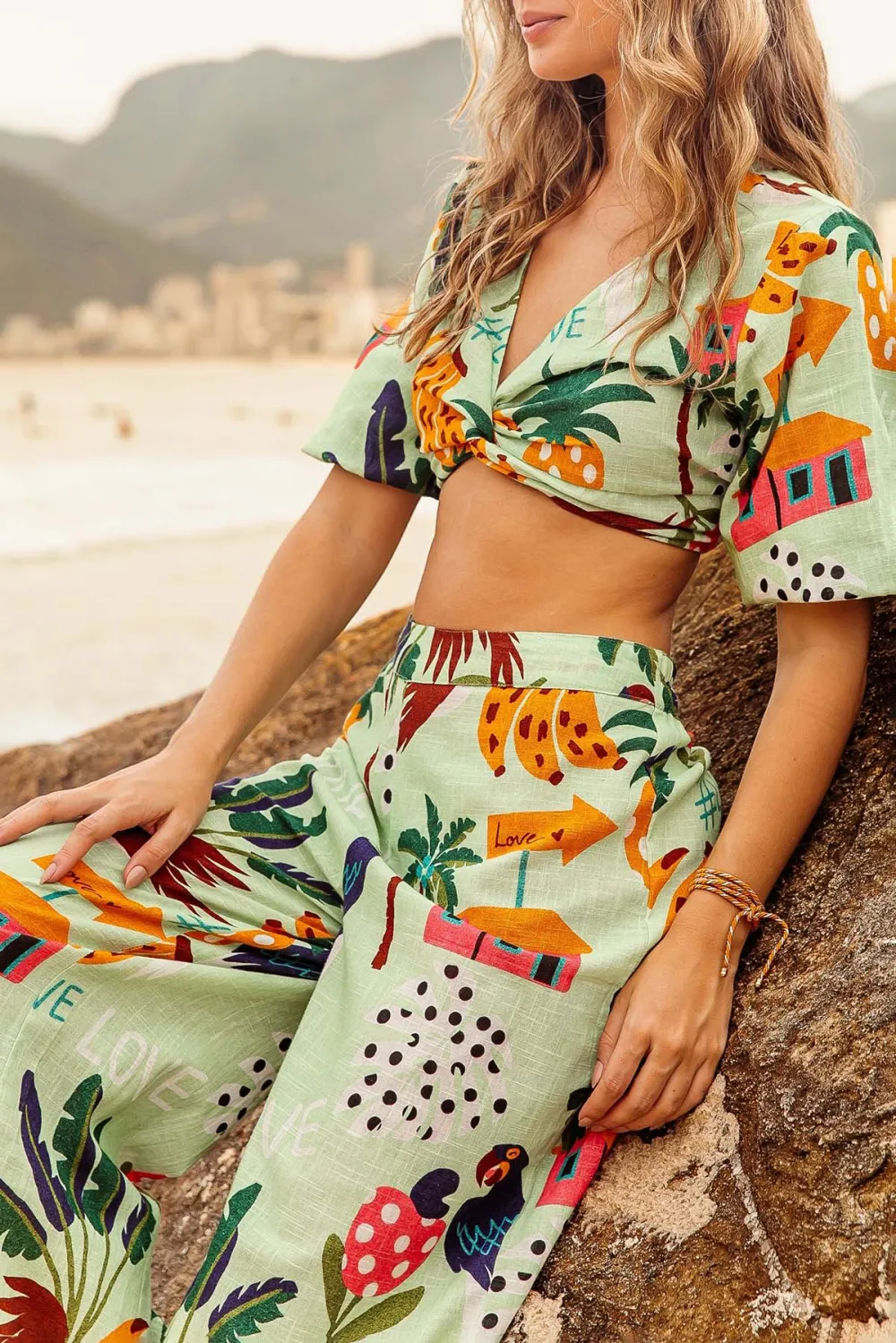 Green Tropical Print Wrap Crop Top