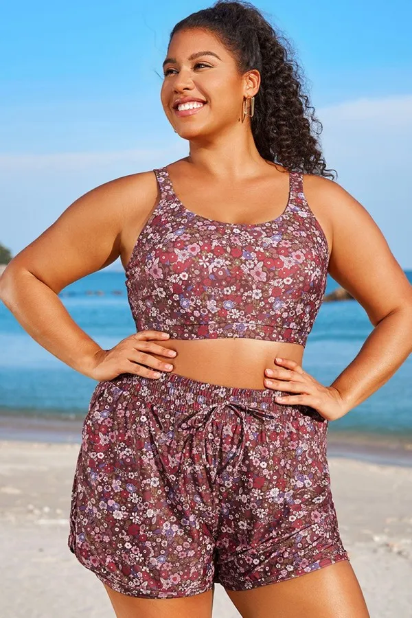 Plus Size Floral Print Square Neck Bikini Top