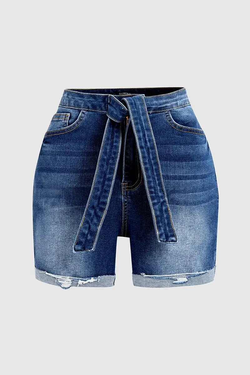 Tie Front High Waist Roll Hem Denim Shorts
