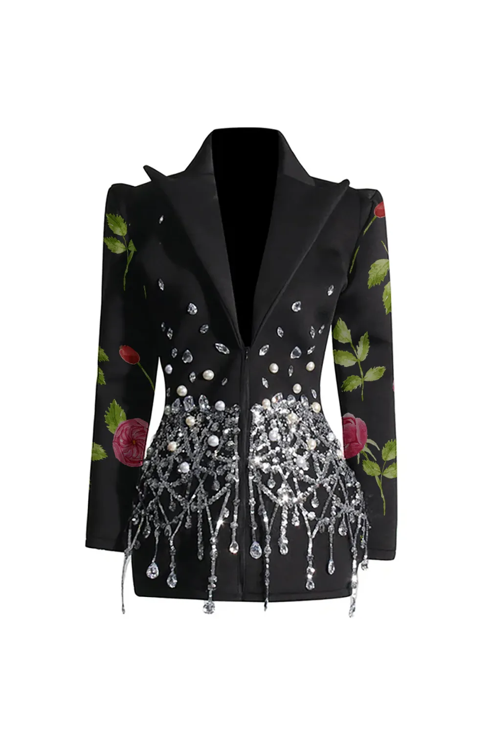 Sparkly Crystal Sequin Fringe Peak Lapel Zip Up Cinched Waist Party Blazer