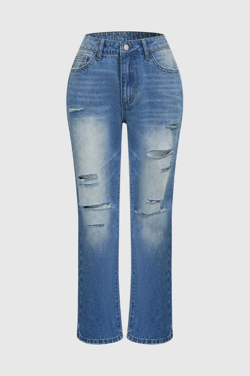 Cut Out Raw Hem High Waist Straight Leg Cropped Jeans