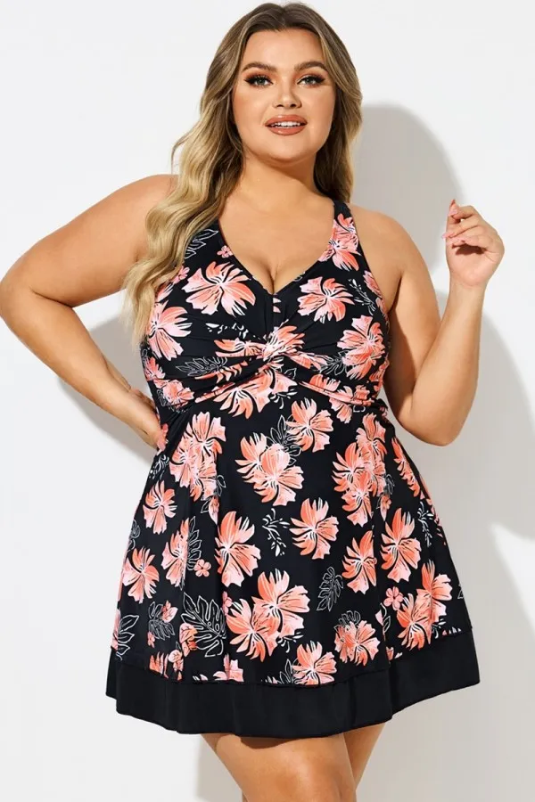 Plus Size Floral Print V-Neck Crisscross Back Swimdress