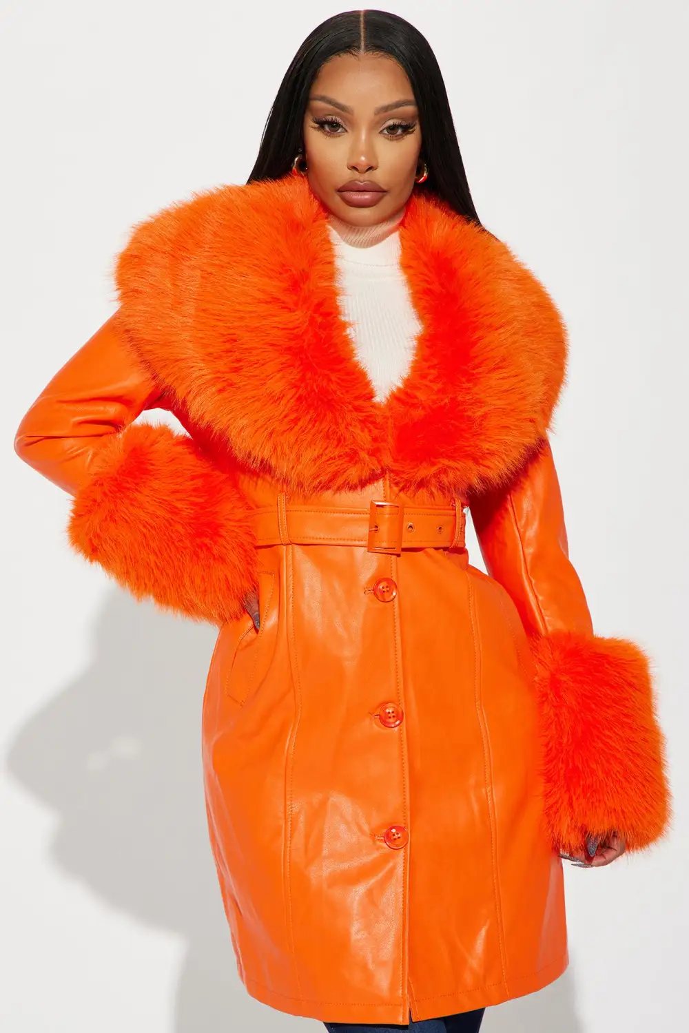 High Class Fur Trim Coat - Orange