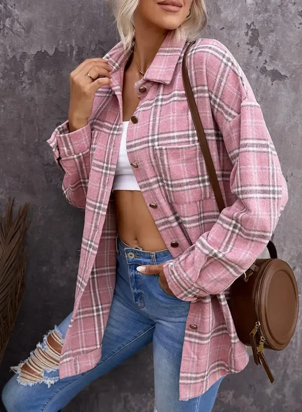 Women's 2023 Fall Clothes Plaid Shacket Jacket Long Sleeve Button Down Flannel Shirts Fashion Blouse