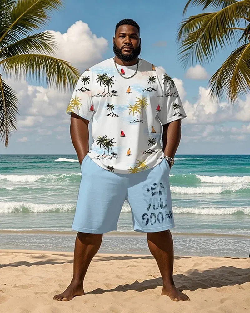 Big & Tall Men's Coconut Sailing Print Round Neck T-Shirt and Shorts Suit