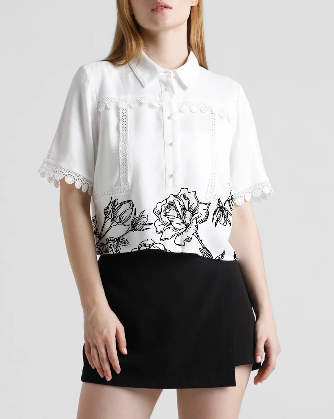 White Floral Print Crochet Detail Blouse