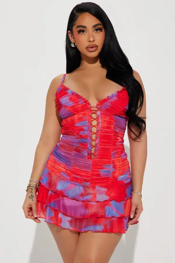 Alexia Mesh Mini Dress - Red/combo
