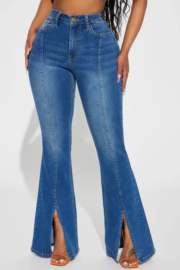 Not What It Seams Split Hem Flare Jeans - Medium Blue Wash
