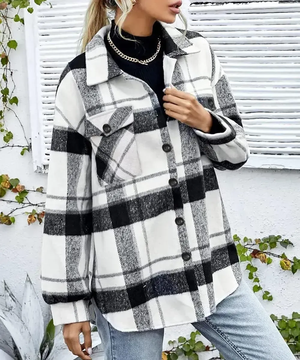 Womens Casual Plaid Shacket Button Down Long Sleeve Shirt