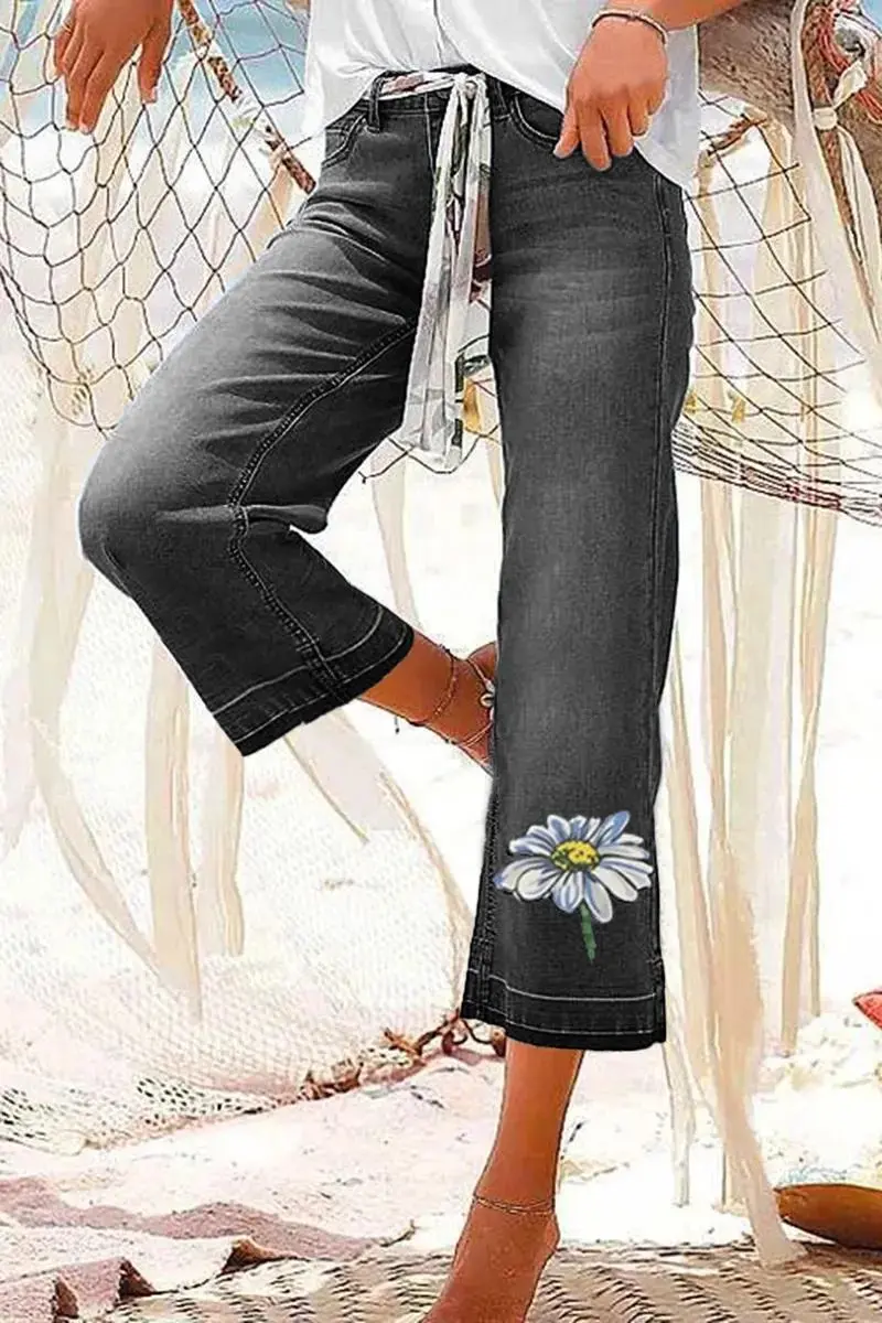 Floral Pattern Crop Mid Rise Wide Leg Jeans Without Belt
