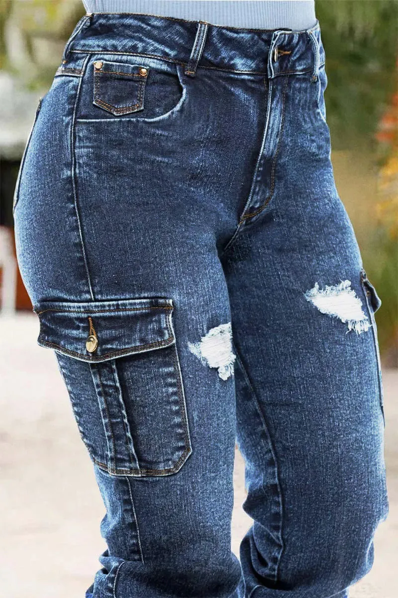 Wash Ripped Flap Pocket High Rise Cargo Jeans