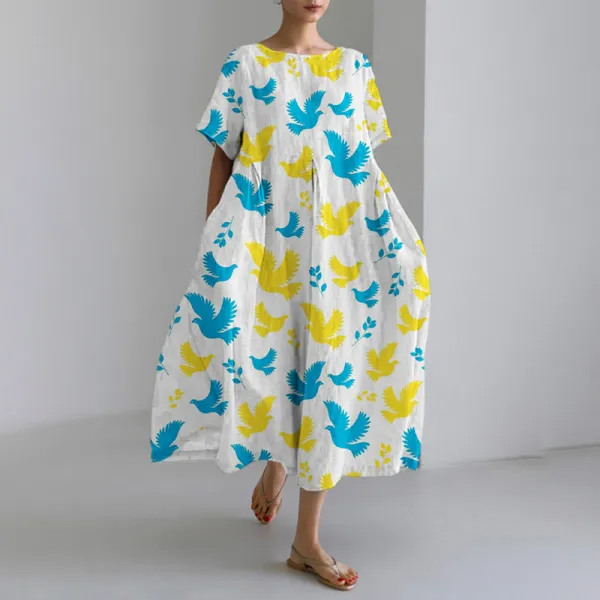 Yellow And Blue Birds Watercolor Print Women's Maxi Dress