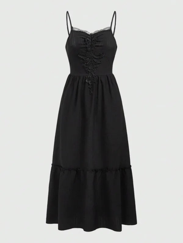 Hippie Embroidered Patchwork Lace Trimmed Spaghetti Strap Dress