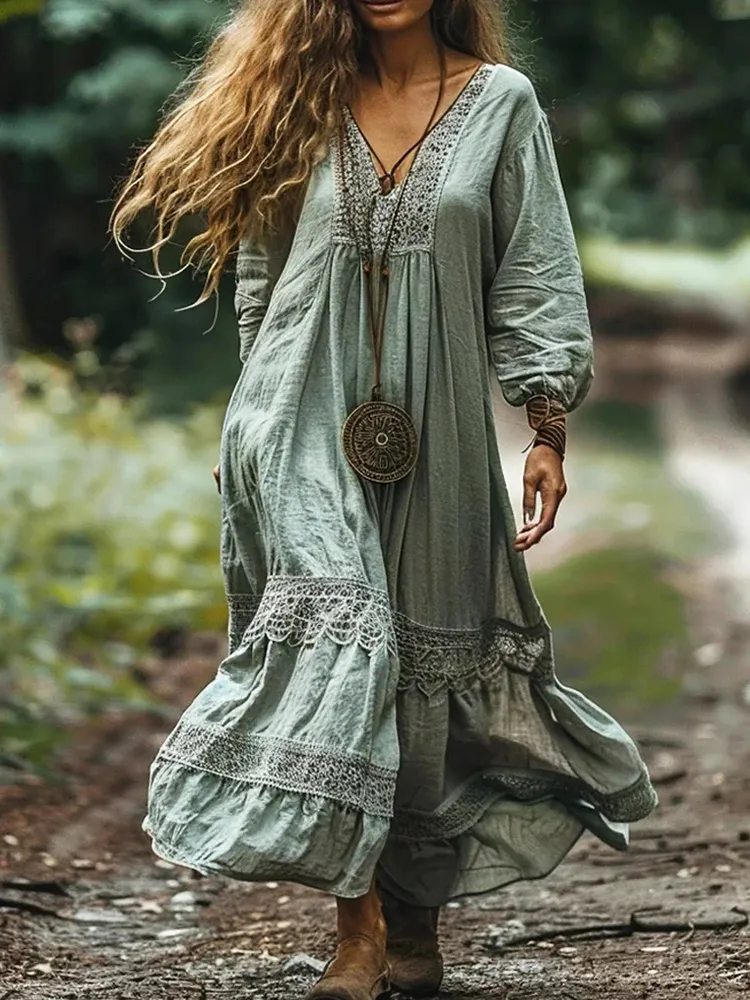 Women's Bohemian V-neck Linen Blend Ethnic Midi Dress