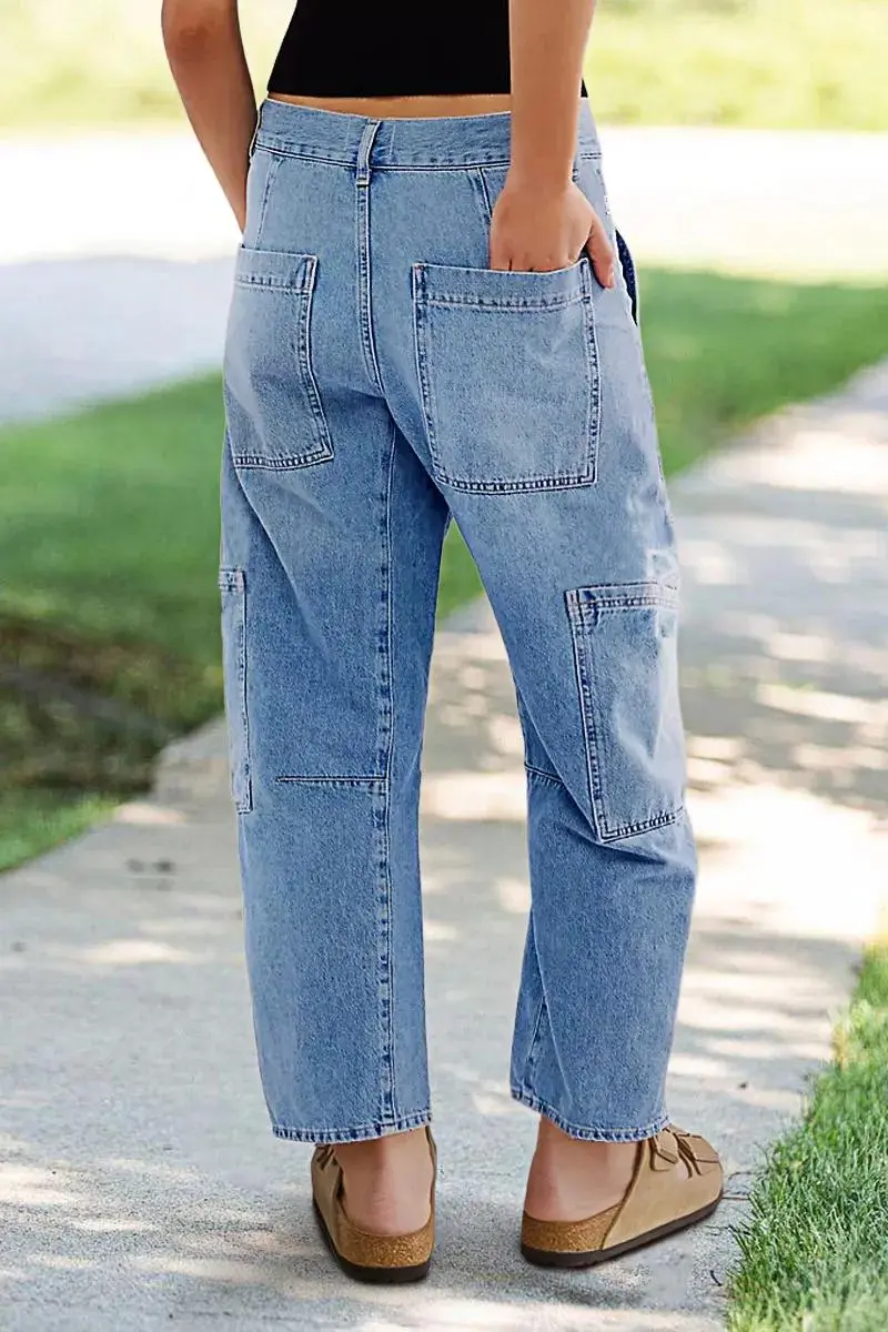 Wash Multi Pocket Stitch Drawstring Mid Waist Barrel Leg Jeans