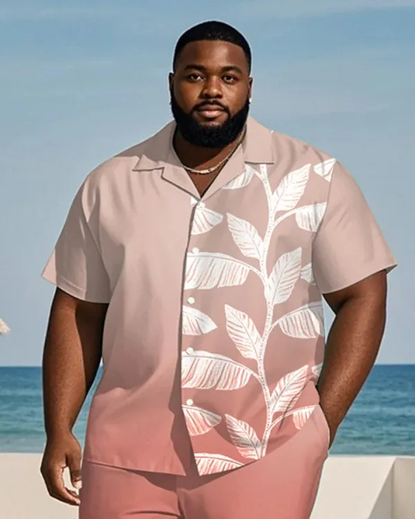 Big & Tall Men's Pink Gradient Leaf Print Shirt and Shorts Suit