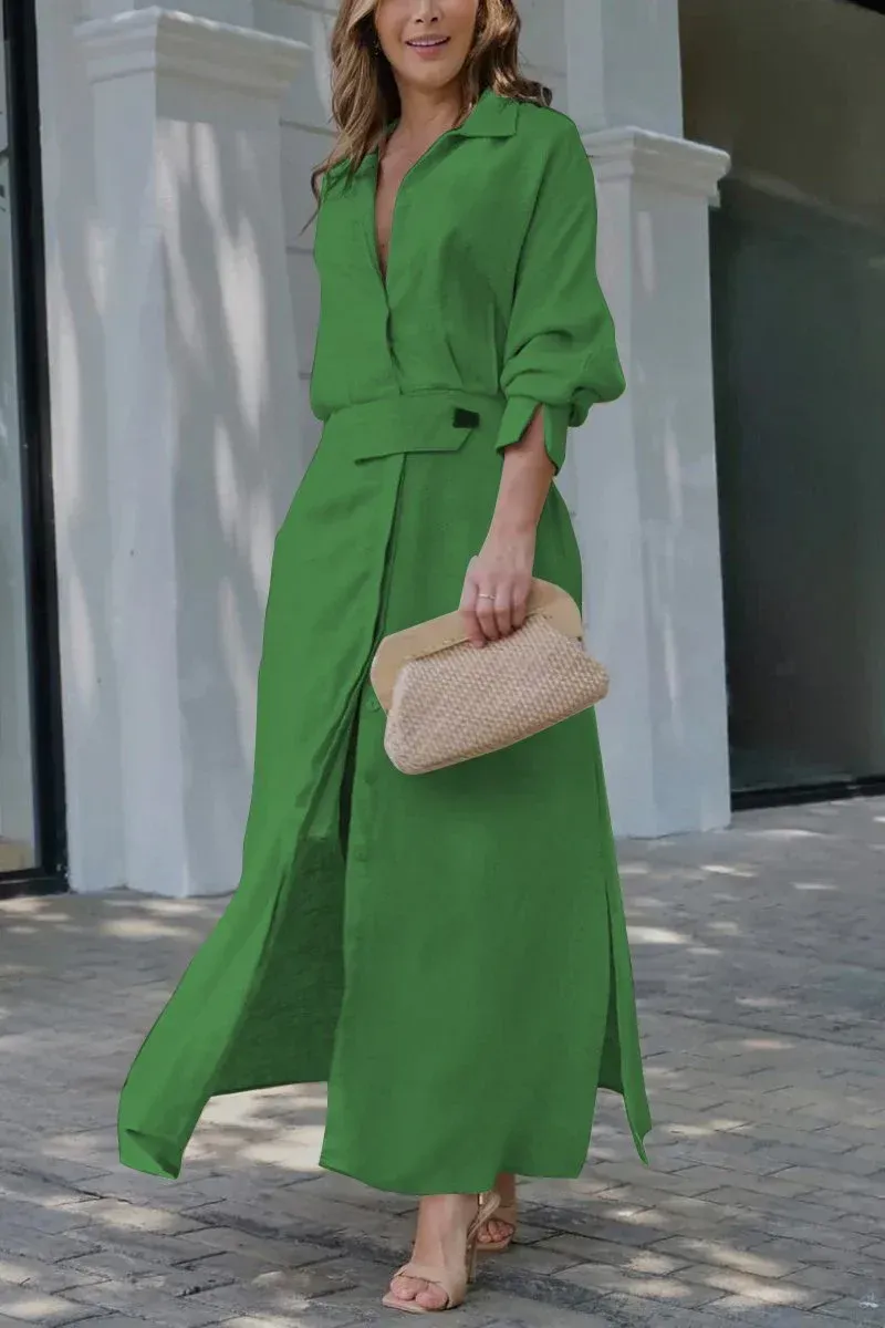 Women's Lapel Long Sleeve Casual Cotton and Linen Dress