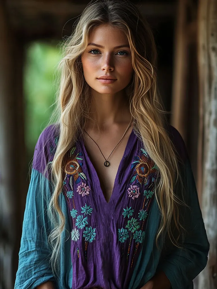 Retro Boho Tribal Floral Art Embroidery Print Cotton And Linen V-neck Loose Shirt