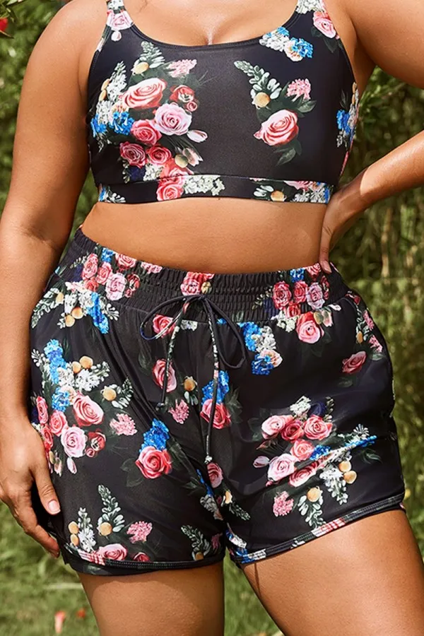 Plus Size Floral Print Mid Waist Women Shorts